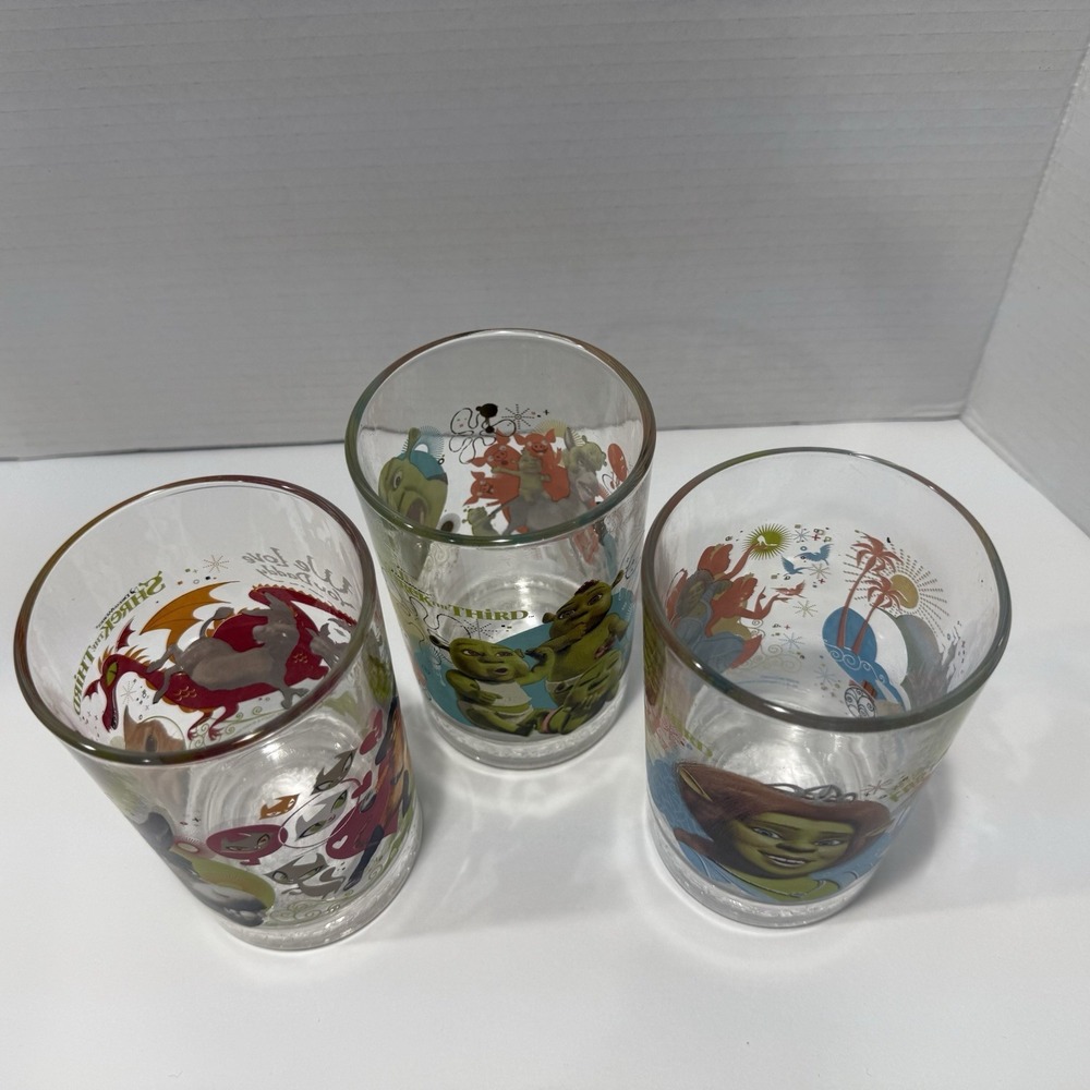 Shrek The Third McDonalds Set of 3 Collectible Glasses 2007 NEW Fiona Donkey - Picture 5 of 6